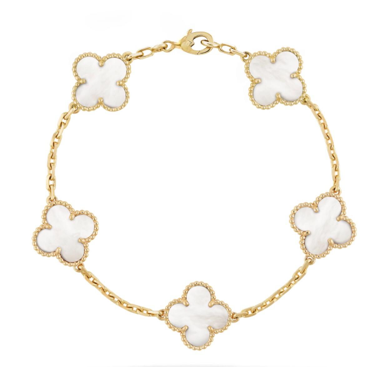 Gold White 5 Motif Clover Bracelet-Luxandluxy