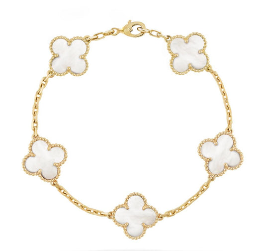 Gold White 5 Motif Clover Bracelet-Luxandluxy