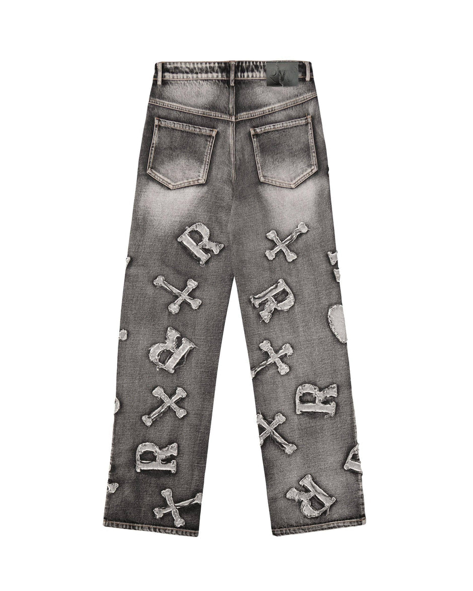 Frayed Cross & Letter Patch Jeans