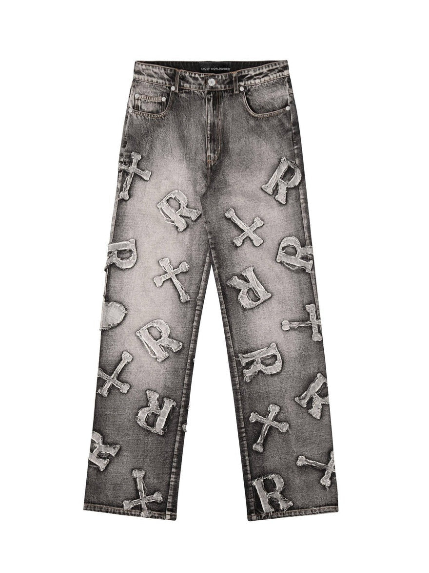 Frayed Cross & Letter Patch Jeans