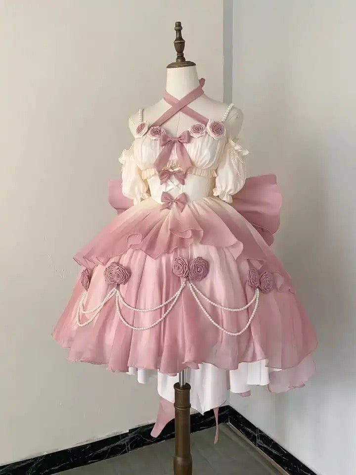 Gradient Bowknot Pearl Rosette Lolita Dress-Luxandluxy