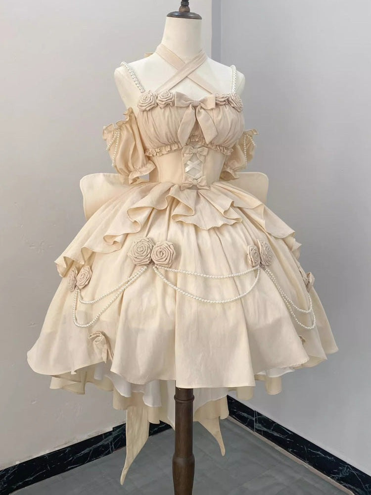 Gradient Bowknot Pearl Rosette Lolita Dress-Luxandluxy