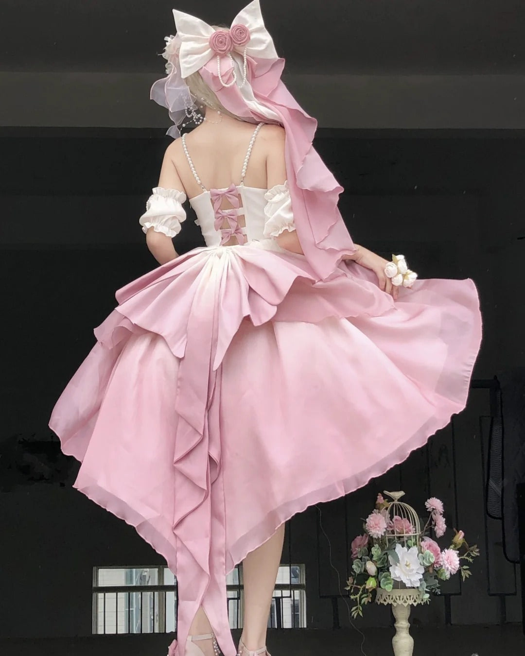 Gradient Bowknot Pearl Rosette Lolita Dress-Luxandluxy