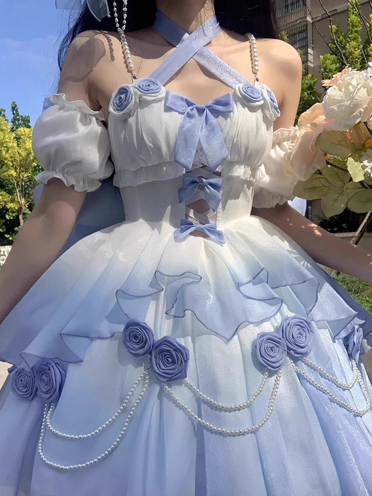 Gradient Bowknot Pearl Rosette Lolita Dress-Luxandluxy