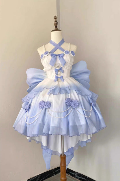 Gradient Bowknot Pearl Rosette Lolita Dress-Luxandluxy