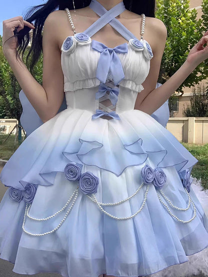 Gradient Bowknot Pearl Rosette Lolita Dress-Luxandluxy