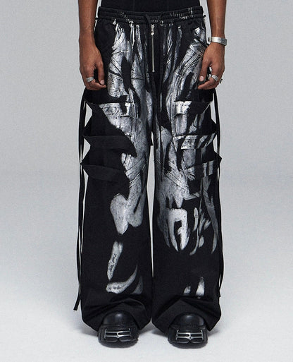 Graffiti Side Straps Wide Leg Pants-Luxandluxy