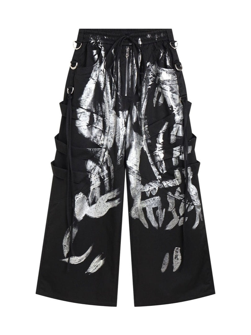 Graffiti Side Straps Wide Leg Pants-Luxandluxy