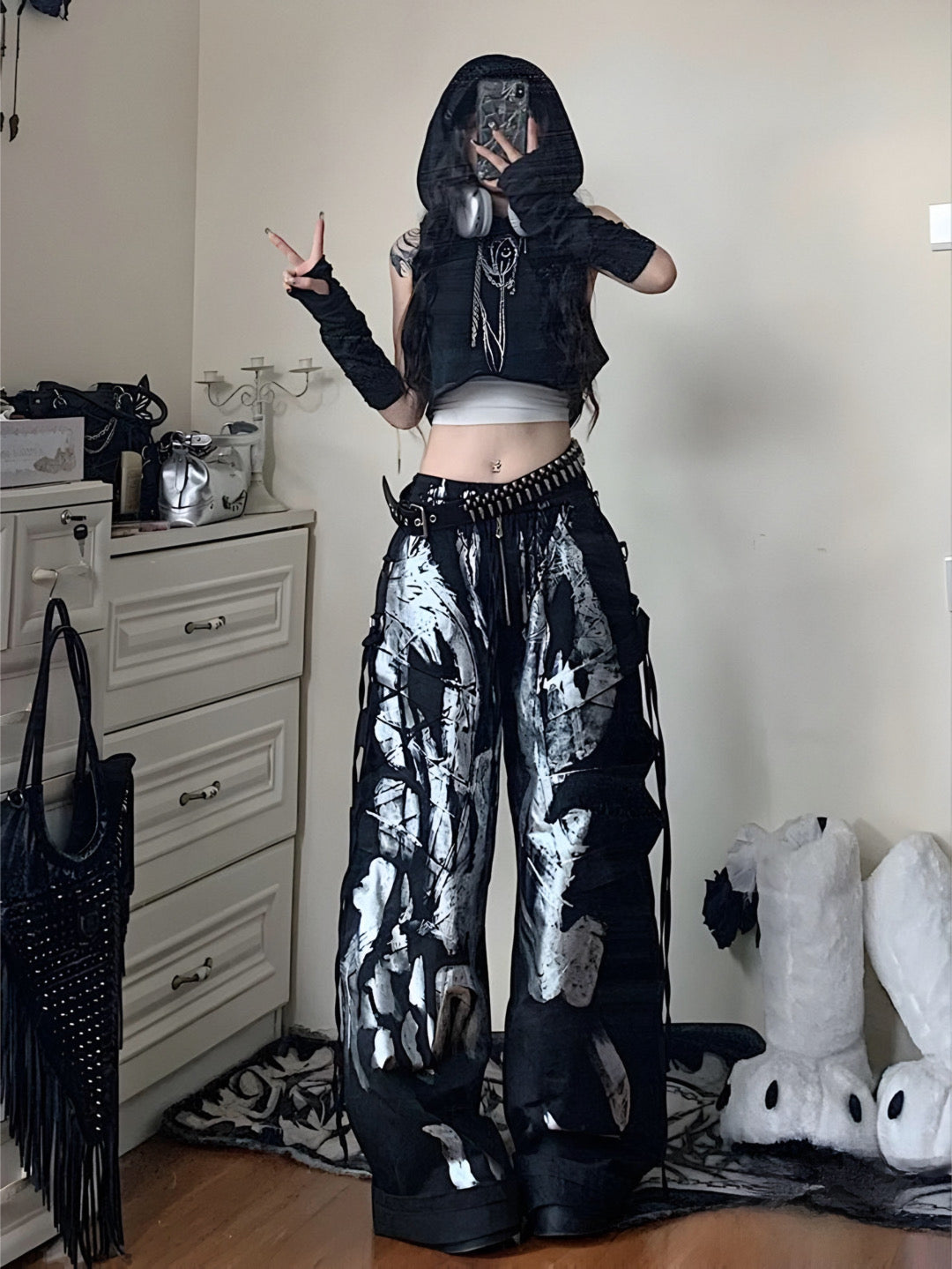 Graffiti Side Straps Wide Leg Pants-Luxandluxy