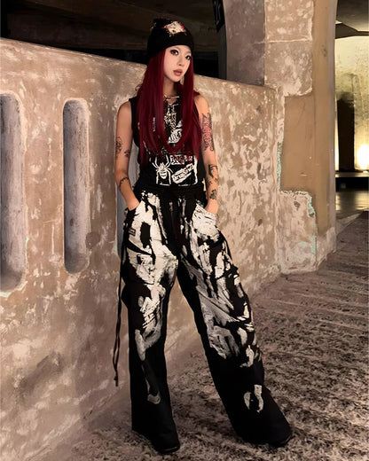 Graffiti Side Straps Wide Leg Pants-Luxandluxy