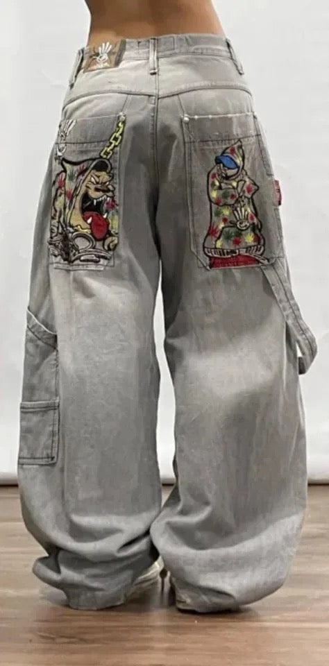 Grey Embroidered Pocket Baggy Jeans