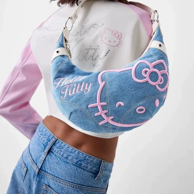 Hello Kitty Half Moon Denim Shoulder Bag-Luxandluxy