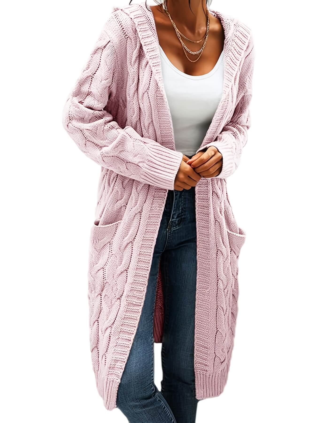 Hooded Twist Knit Pocket Cardigan-Luxandluxy