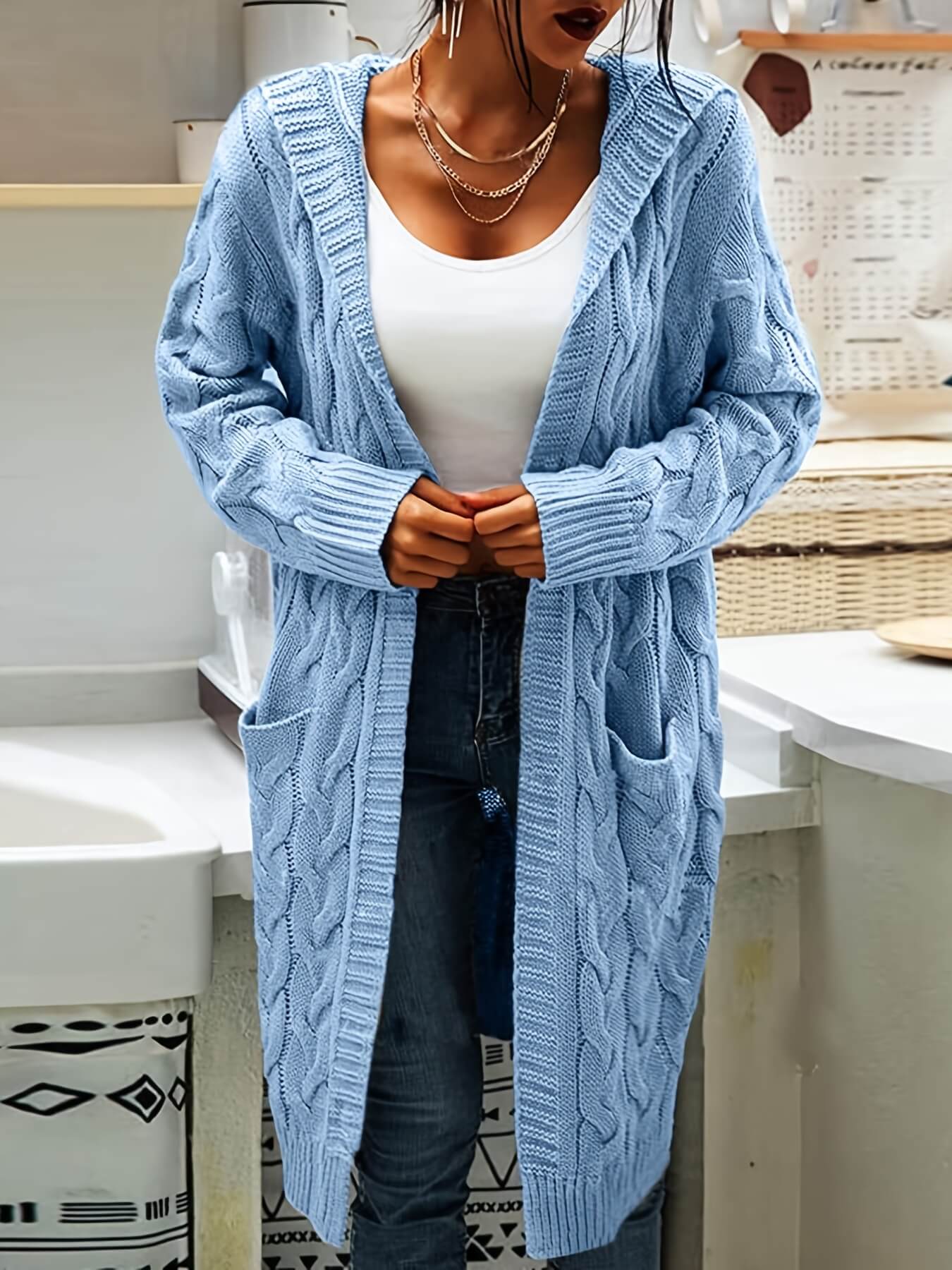 Hooded Twist Knit Pocket Cardigan-Luxandluxy