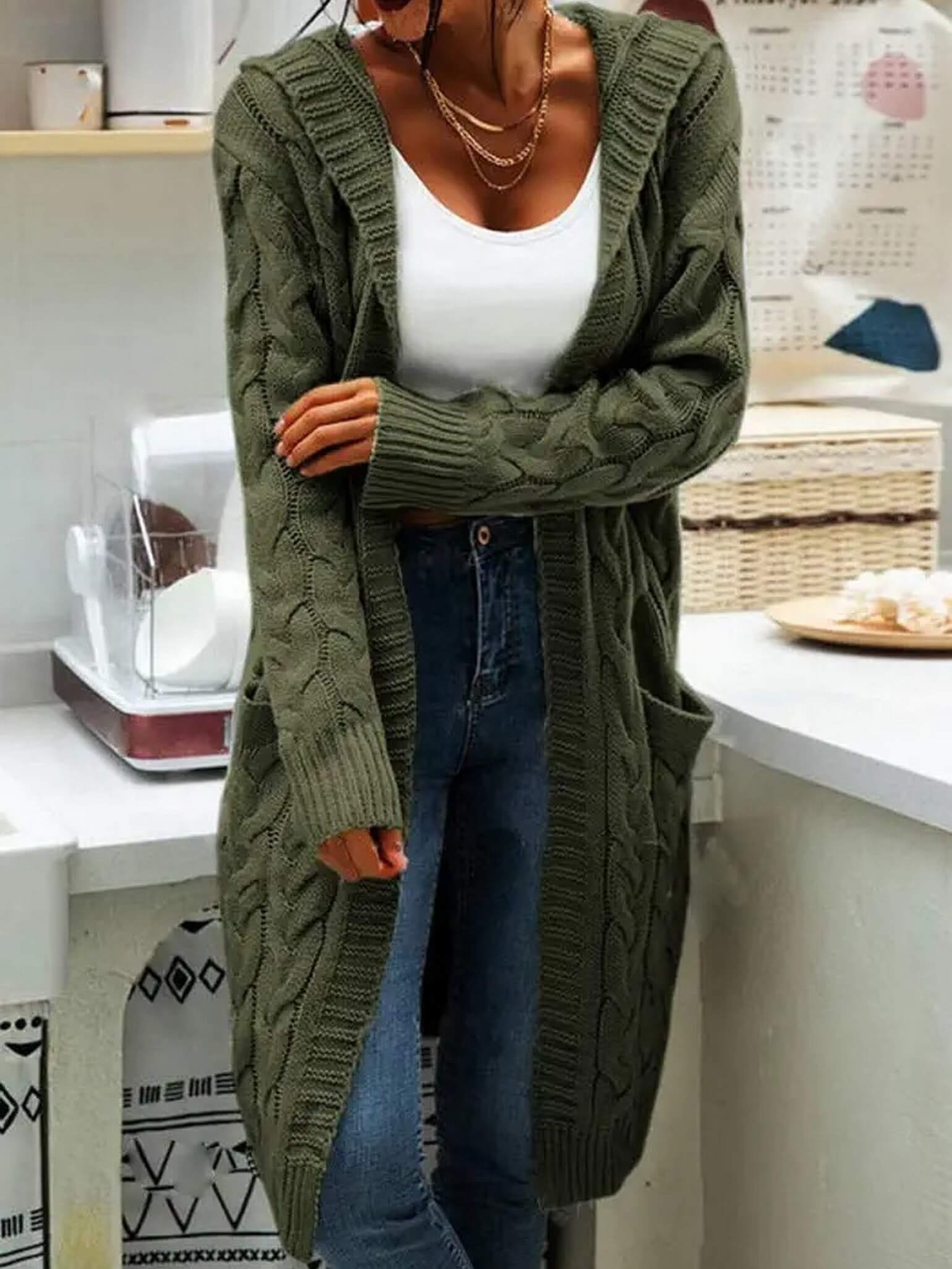 Hooded Twist Knit Pocket Cardigan-Luxandluxy