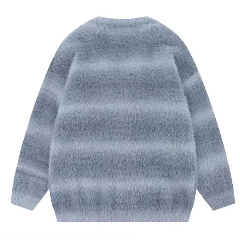 Horizontal Stripes Mohair Button-Up Knitted Sweater-Luxandluxy