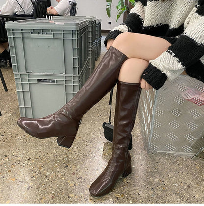 Knee High Square Leather Boots-Luxandluxy