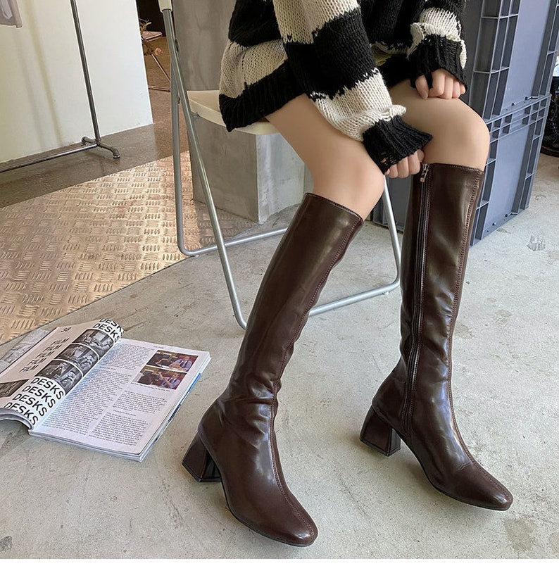 Knee High Square Leather Boots-Luxandluxy