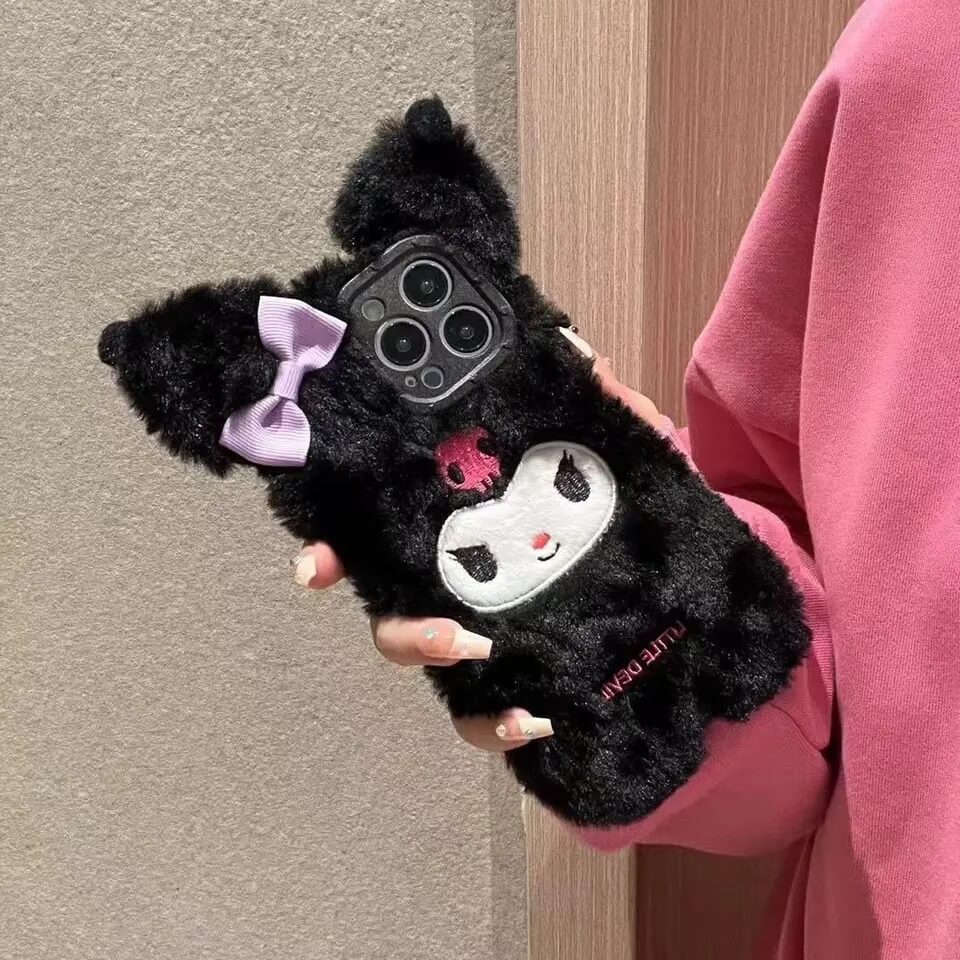 Kuromi Fur iPhone Case with wrist strap-Luxandluxy