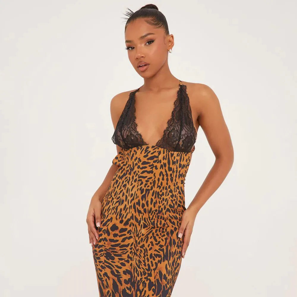 Leopard Printed Woven Lace Cup Detail Maxi Dress-Luxandluxy