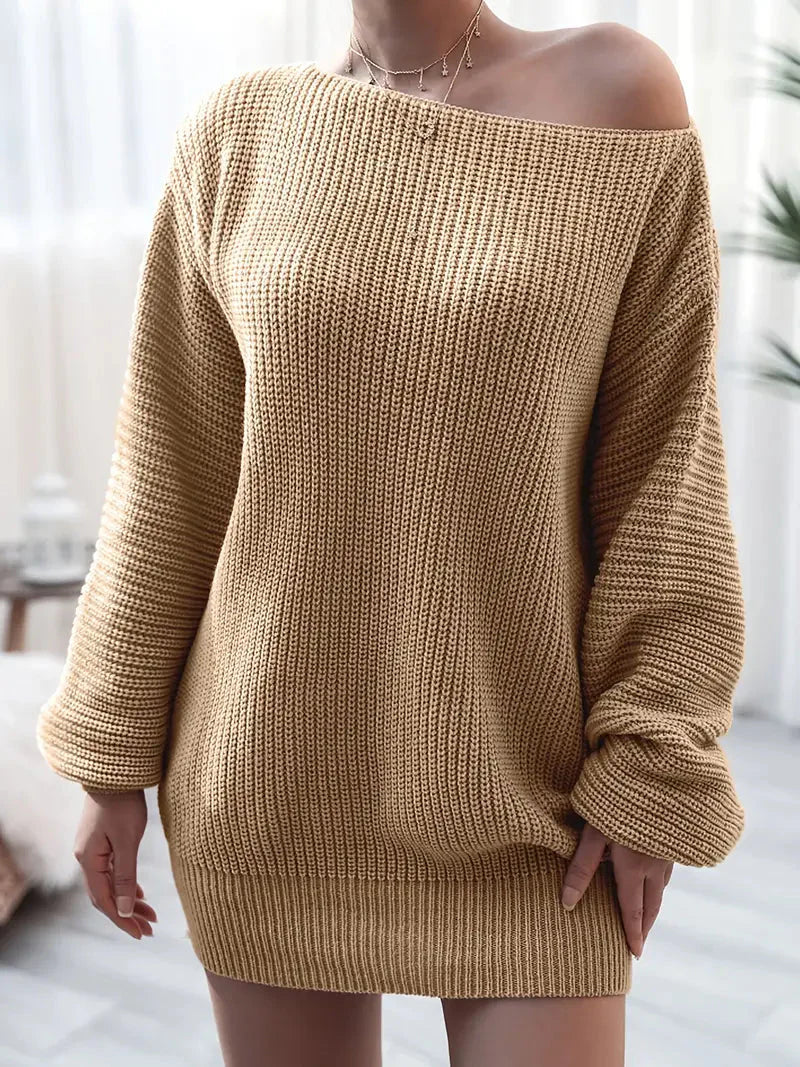 Loose Round Neck Solid Sweater Dress-Luxandluxy