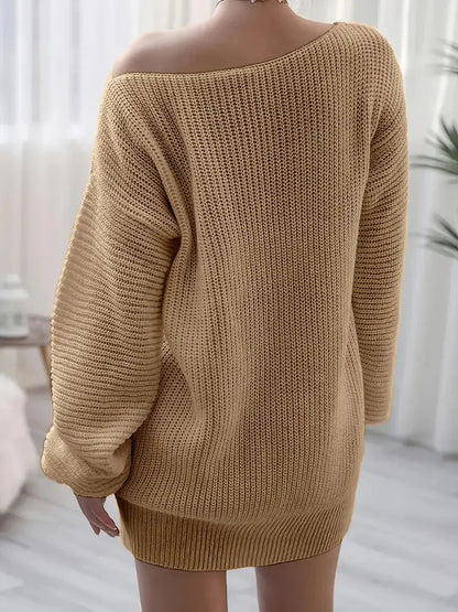 Loose Round Neck Solid Sweater Dress-Luxandluxy