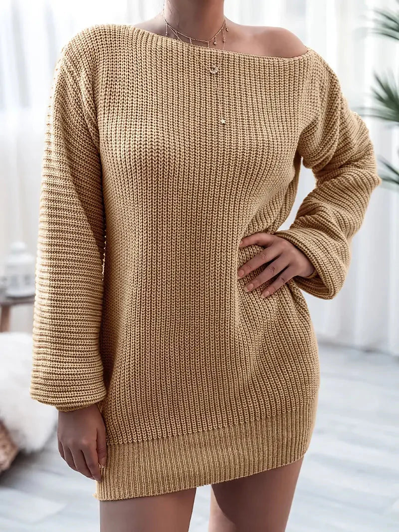 Loose Round Neck Solid Sweater Dress-Luxandluxy