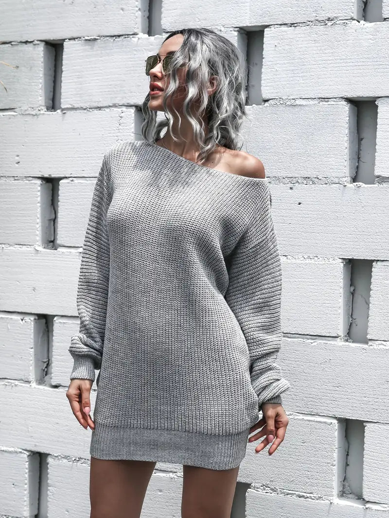 Loose Round Neck Solid Sweater Dress-Luxandluxy