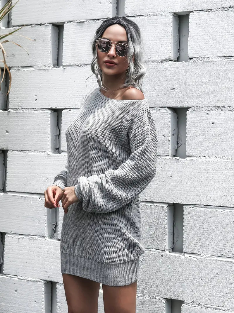 Loose Round Neck Solid Sweater Dress-Luxandluxy