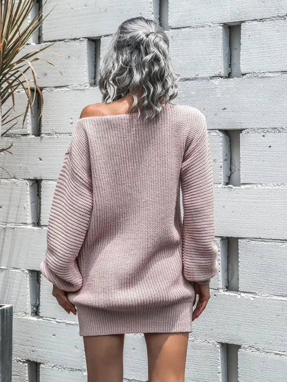 Loose Round Neck Solid Sweater Dress-Luxandluxy