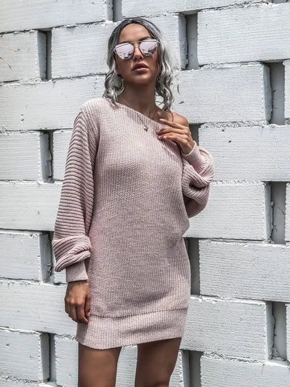 Loose Round Neck Solid Sweater Dress-Luxandluxy