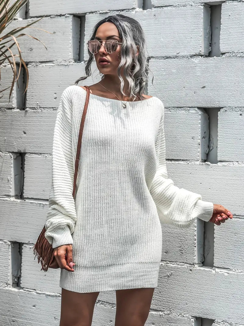 Loose Round Neck Solid Sweater Dress-Luxandluxy