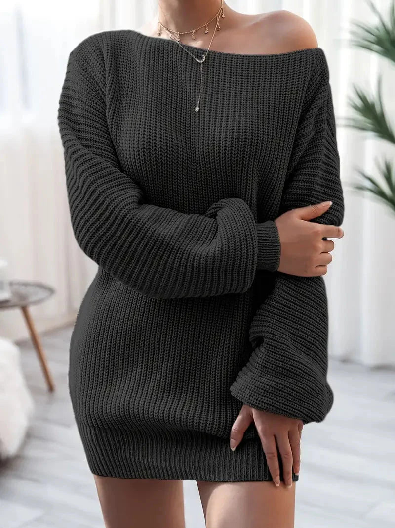 Loose Round Neck Solid Sweater Dress-Luxandluxy