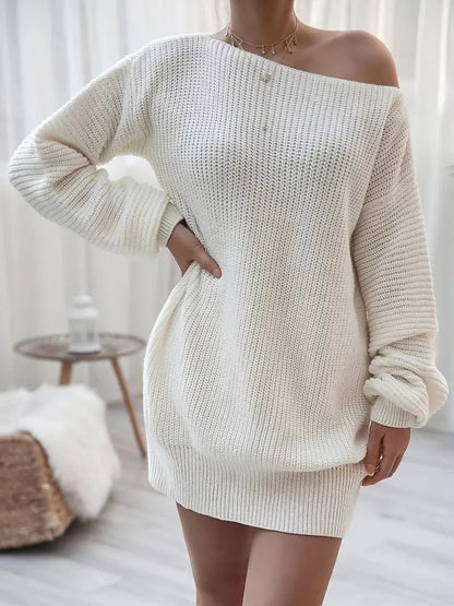 Loose Round Neck Solid Sweater Dress-Luxandluxy