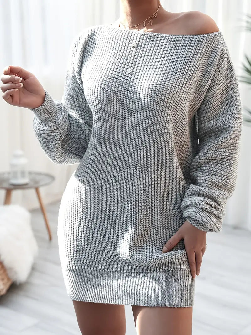 Loose Round Neck Solid Sweater Dress-Luxandluxy