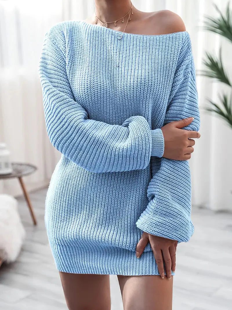 Loose Round Neck Solid Sweater Dress-Luxandluxy