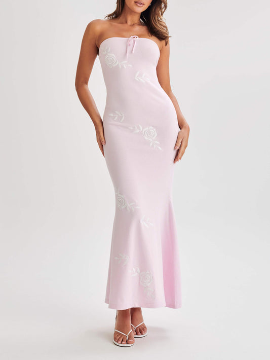 Lorelai Strapless Rose Knit Maxi Dress-Luxandluxy