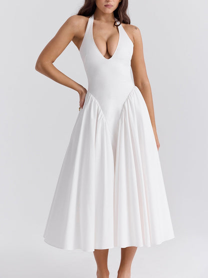 Marilyn White Cotton Halter Midi Sundress-Luxandluxy