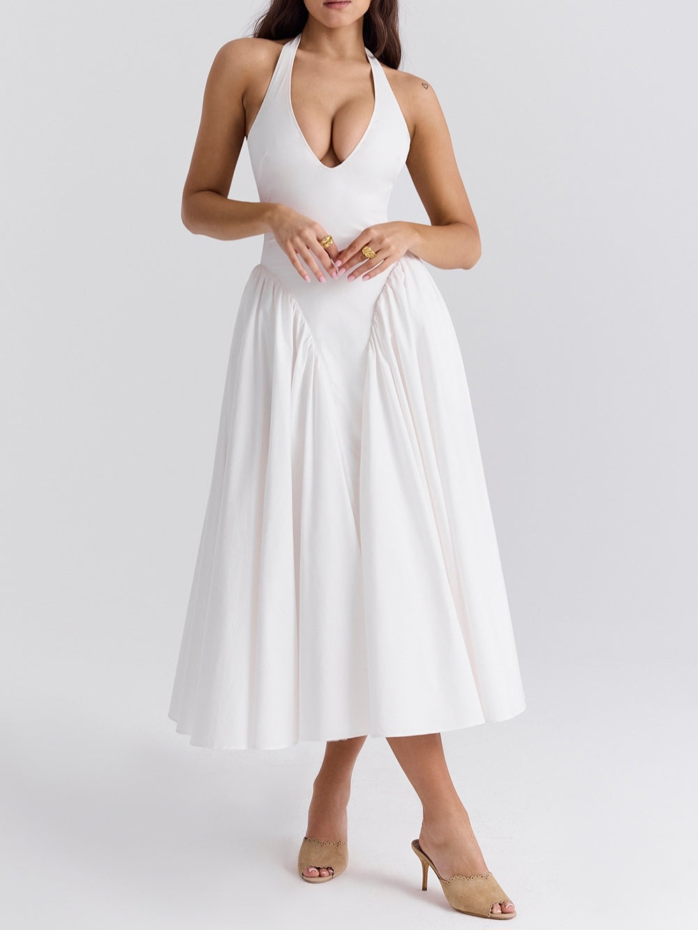 Marilyn White Cotton Halter Midi Sundress-Luxandluxy