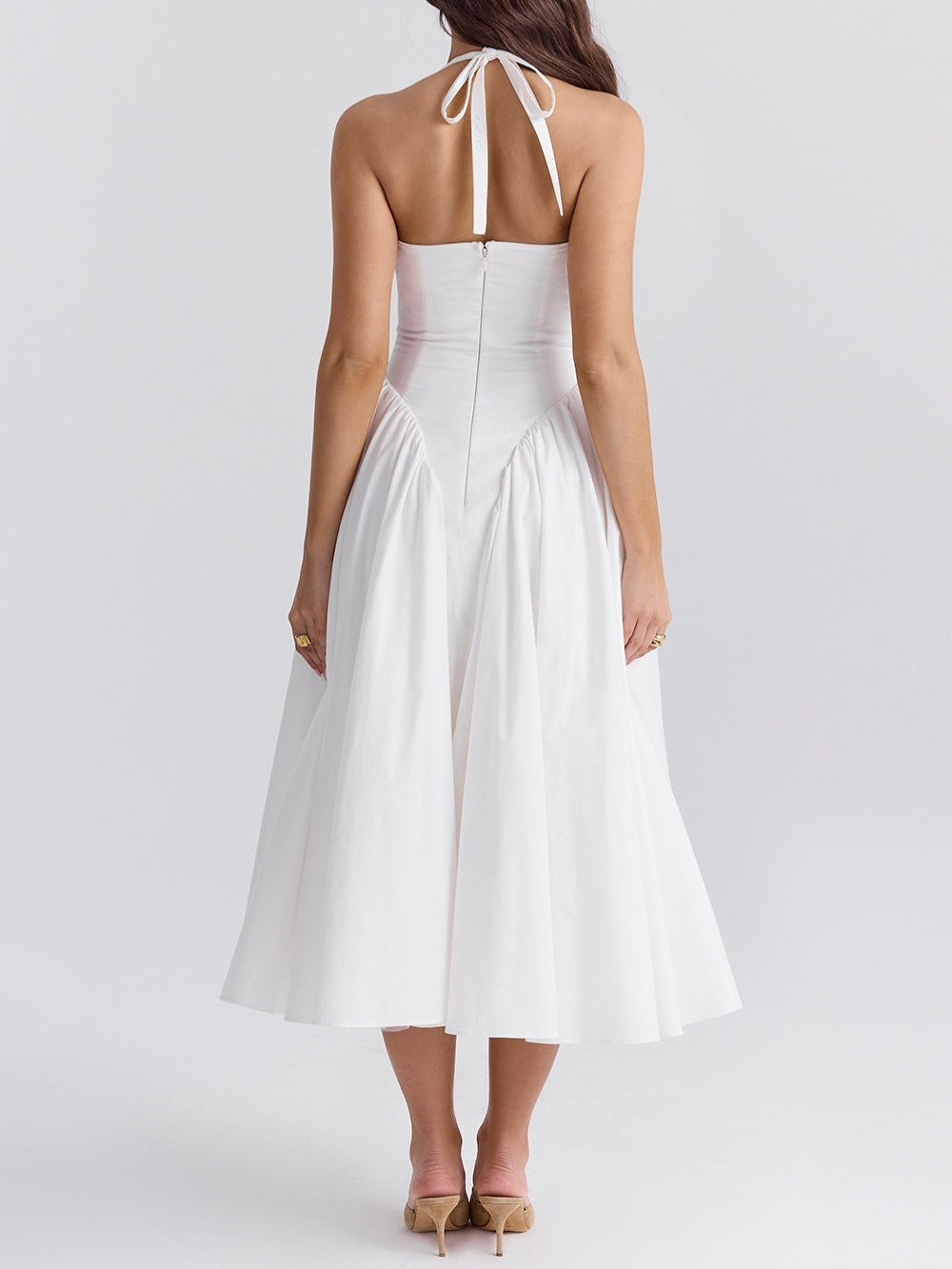 Marilyn White Cotton Halter Midi Sundress-Luxandluxy