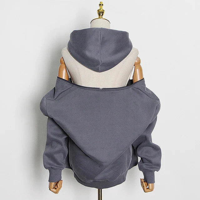 Off Shoulder Cut Out Hoodie-Luxandluxy