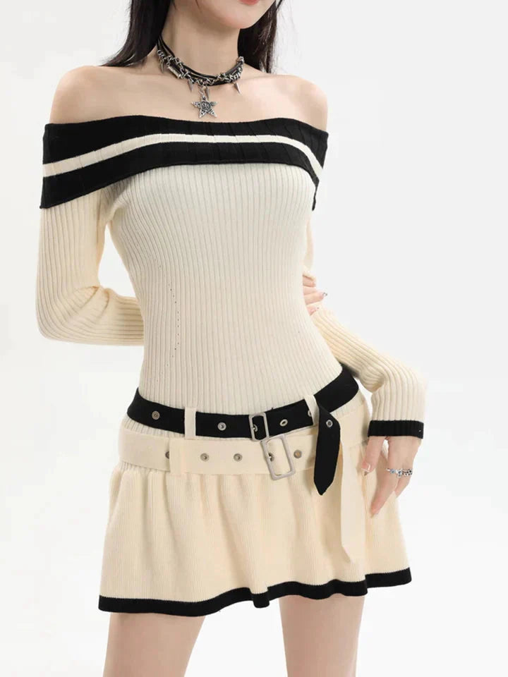 Off Shoulder Double Belt Knit Dress-Luxandluxy