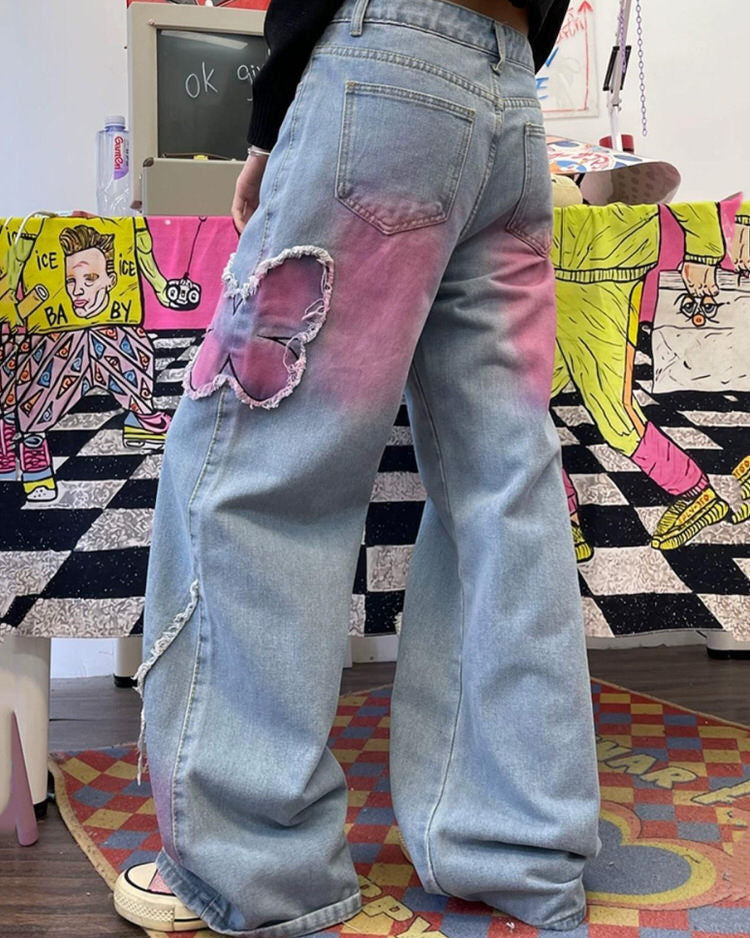 Pink Butterfly Patch Frayed Wide Leg Jeans