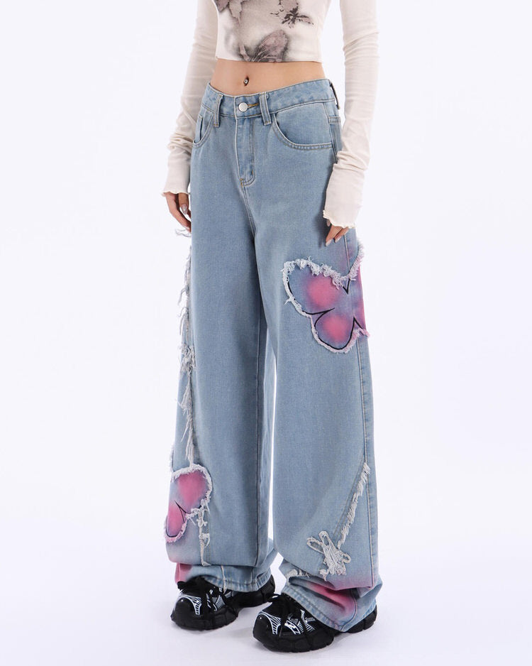 Pink Butterfly Patch Frayed Wide Leg Jeans