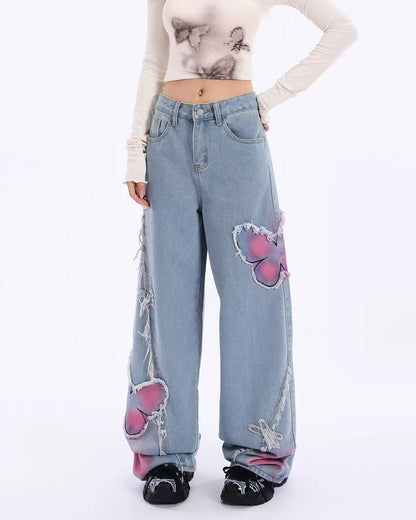 Pink Butterfly Patch Frayed Wide Leg Jeans