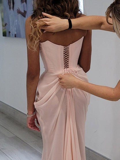 Pink Embellished Corset Draped Mesh Maxi Dress-Luxandluxy