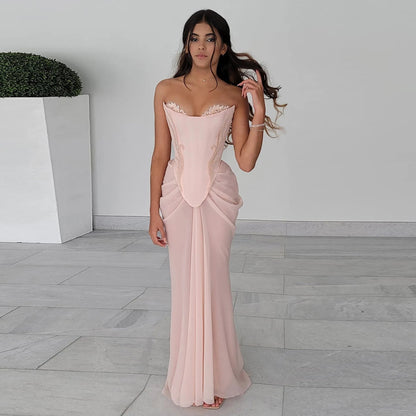 Pink Embellished Corset Draped Mesh Maxi Dress-Luxandluxy