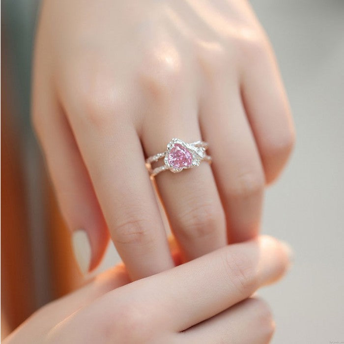 Pink Irregular Heart Gemstone Cuff Ring-Luxandluxy