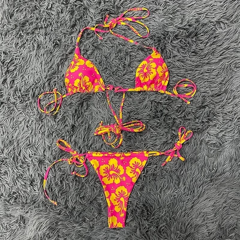 Pink Orange Floral Tie Bikini-Luxandluxy