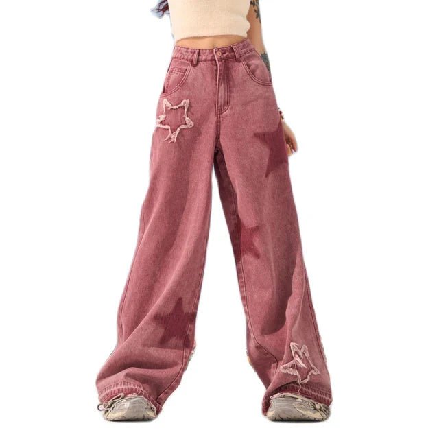 Pink Star Wide Leg Jeans-Luxandluxy